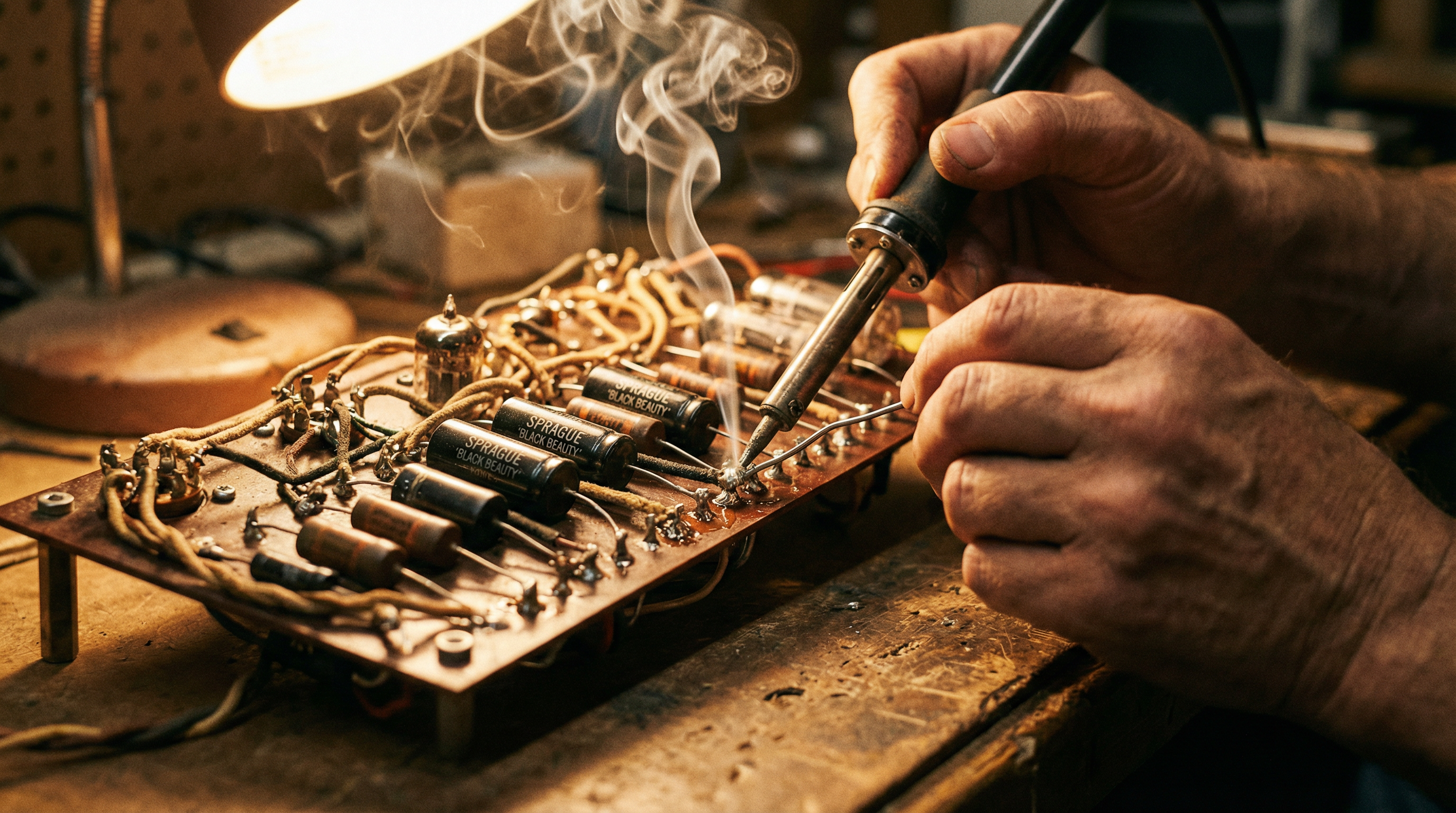 Skilled hands soldering point-to-point wiring on a vintage-style turret board