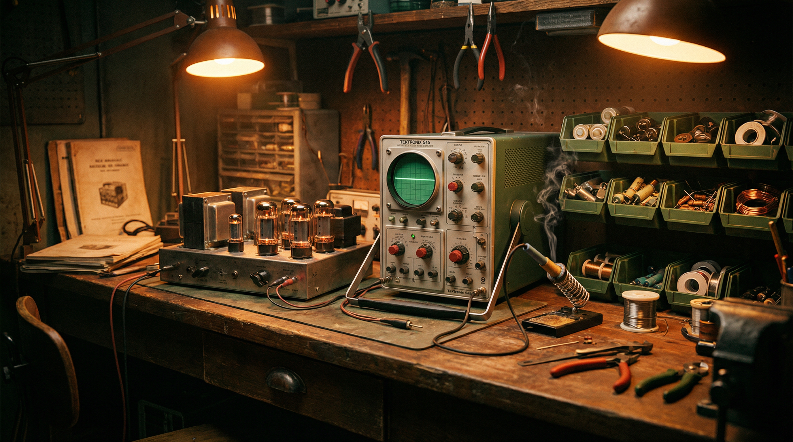 Vintage electronics workbench with tube amplifier, oscilloscope, and hand tools under warm workshop lighting