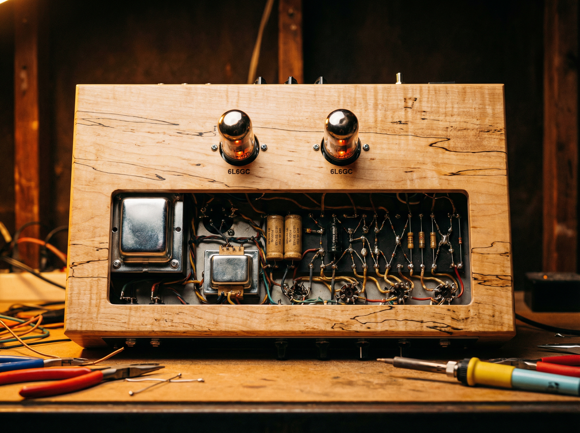 Handbuilt 6L6GC push-pull tube amplifier with spalted maple base and point-to-point wiring