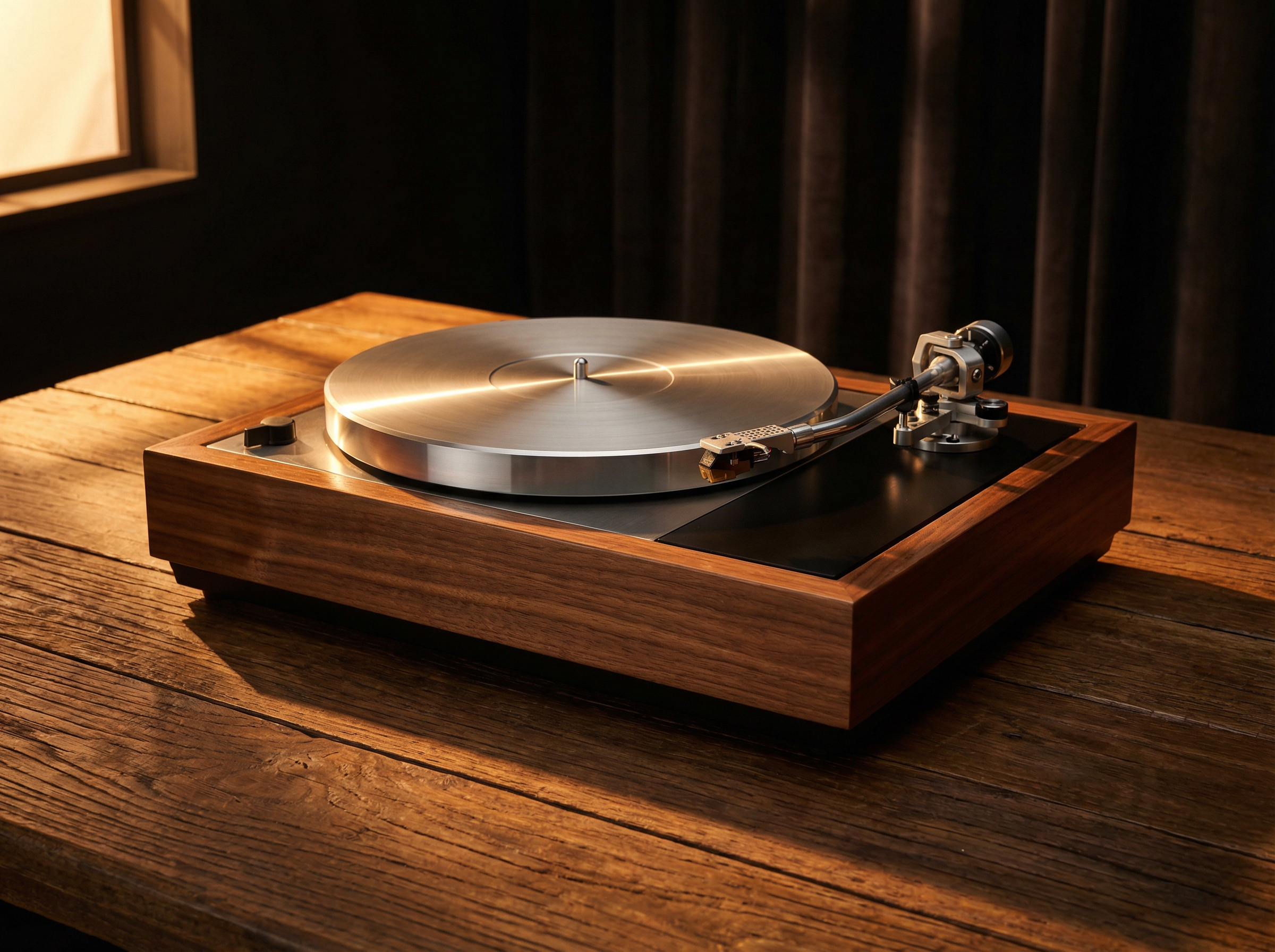 Restored vintage turntable with walnut plinth and precision tonearm