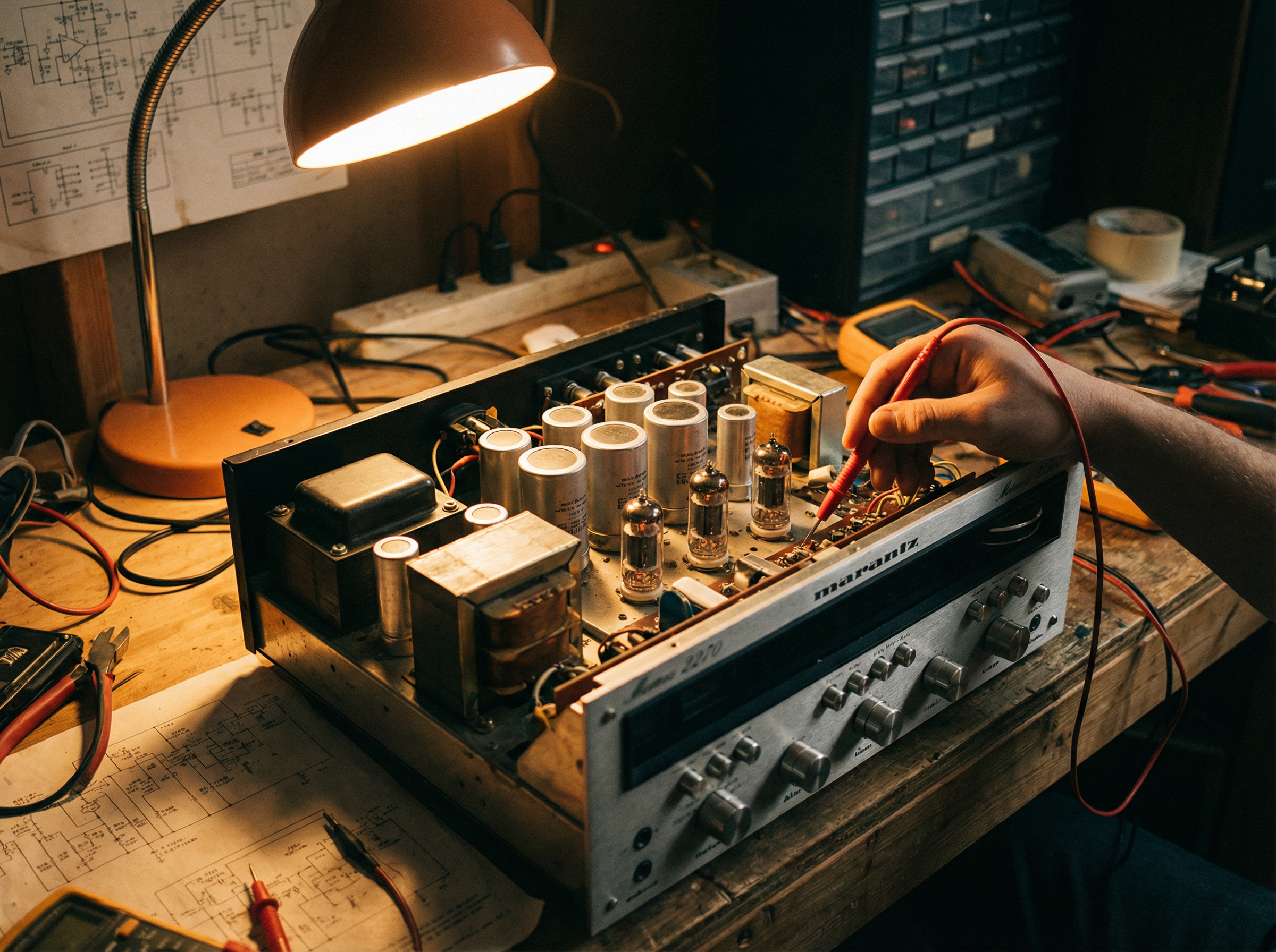 Vintage Marantz receiver being diagnosed and repaired on the workbench
